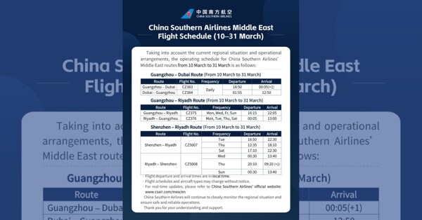 China Southern Updates Middle East Flights